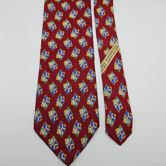 Ermenegildo Zegna Italian Made Red Geometric Medallion Luxury Silk Tie 59" - Picture 5 of 6